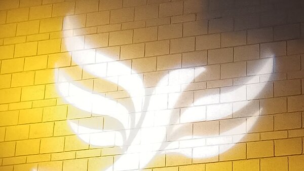 Lib Dem logo bird projected on blockwork