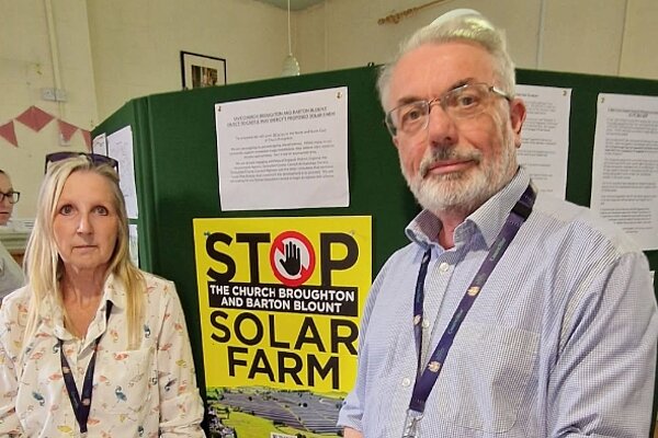Jayne Davies and Grahame Andrew at the solar farm consultation in Church Broughton