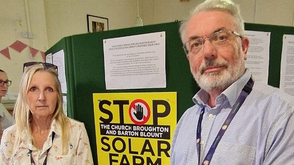 Jayne Davies and Grahame Andrew at the solar farm consultation in Church Broughton