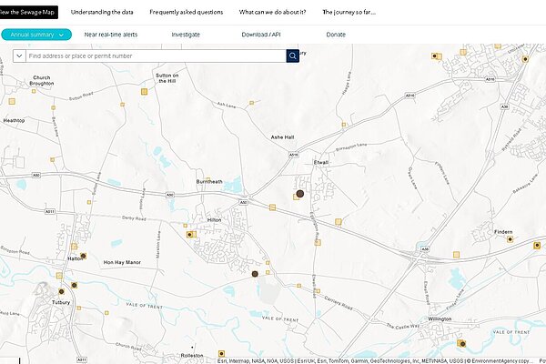 Map stretching from Tutbury to edge of Derby showing sewage discharge points